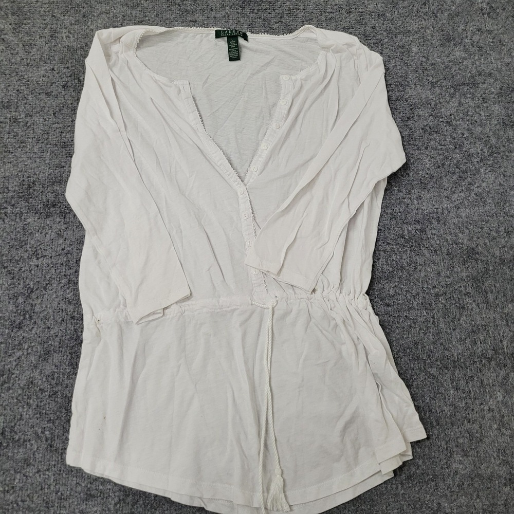 Lauren Ralph Lauren Top Womens L White Cotton Henley Drawstring Waist Blouse